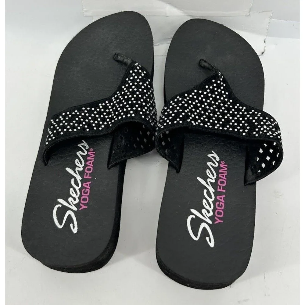 Skechers Vinyasa Yoga Foam Flip Flops Rhinestone Womens Size 7 Black Sandals New